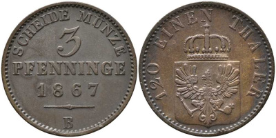 ПРУССИЯ 3 ПФЕННИГА 1867 В, ВИЛЬГЕЛЬМ I (1861-1888) KM 482 медь 4448-1151