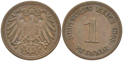 ГЕРМАНИЯ 1 ПФЕННИГ 1899 E KM 10, J. 10, Weege 2 медь 211-236