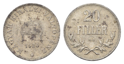 Венгрия 20 филлеров 1920 КВ, Карл I (1916-1918), редкий год KM 498 железо UNC 5010-2045