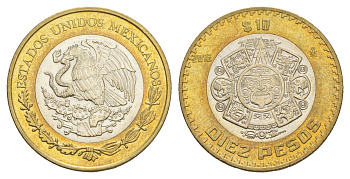 Мексика 10 песо 2015 Мо, бог Тонатиуха с огненной маской KM 616 биметалл UNC 4637-736