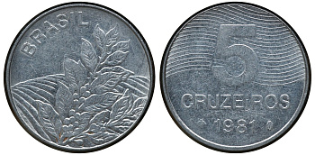 БРАЗИЛИЯ 5 КРУЗЕЙРО 1981 КОФЕ KM 591 сталь aUNC 72-831