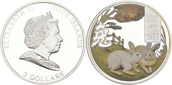 Острова Кука 2 доллара 2011 год Кролика, два белых кролика, цветная эмаль KM NEW серебро PROOF 1074-1-62