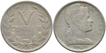 КОЛУМБИЯ 5 СЕНТАВО 1949 В KM 199 медно-никель 4532-216