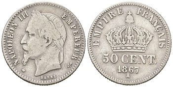 Франция 50 сантимов 1867 A, Наполеон III (1852-1870) KM 814.1 серебро 4617-748