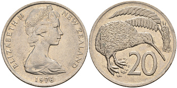 Новая Зеландия 20 центов 1976 Елизавета II (1952-2022), птичка киви KM 36.1 медно-никель 4599-1016