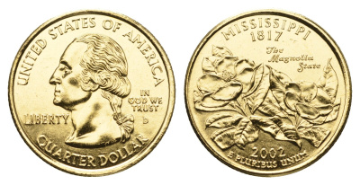 США 1/4 доллара (25 центов) 2002 Квотер штата Миссисипи KM 335 медь плакированная золотом UNC 11-117-35