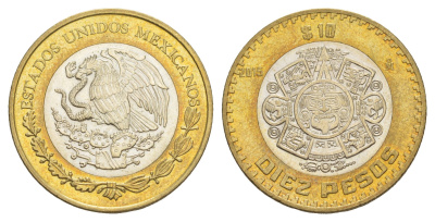 Мексика 10 песо 2015 Мо, бог Тонатиуха с огненной маской KM 616 биметалл UNC 4637-736