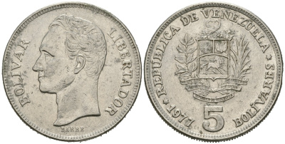Венесуэла 5 боливаров 1977 Симон Боливар KM 53 никель 81-412