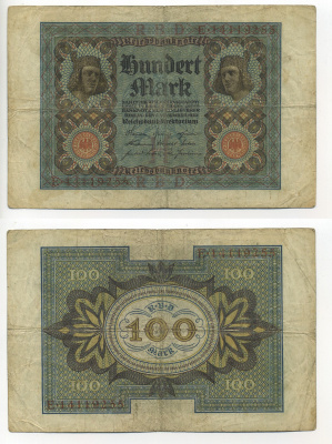 Германия 100 марок 1920 Бамбергский всадник, 8 цифр в номере Pick 69 b, Розенберг 69b бумага 7217-32-2