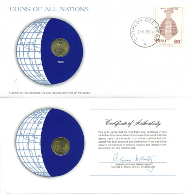 Перу 1 соль 1978 LIMA, конверт с маркой первого дня гашения, Coins of Nations KM 266.2 латунь UNC 4294-70-1