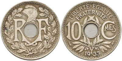 ФРАНЦИЯ 10 САНТИМОВ 1933 ТИП ЛИНДАЙЁ KM 886а медно-никель 98-217