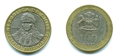 Чили 100 песо 2009 индейцы Мапуче KM 236 биметалл 29-827