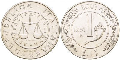 ИТАЛИЯ 1 ЛИРА 2001 РОГ ИЗОБИЛИЯ KM 220 серебро UNC 1087-4-15