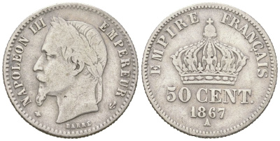 Франция 50 сантимов 1867 A, Наполеон III (1852-1870) KM 814.1 серебро 4617-748