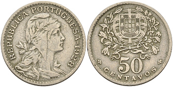 Португалия 50 сентаво 1928 KM 577 медно-никель 4563-844