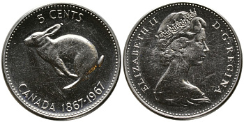 КАНАДА 5 ЦЕНТОВ 1967 100 ЛЕТ КОНФЕДЕРАЦИИ, ЕЛИЗАВЕТА II (1952-), ЗАЯЦ, ВТОРОЙ ПОРТРЕТ В КОРОНЕ KM 66 никель UNC 4543-625