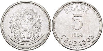 Бразилия 5 крузадо 1988 реформа 1986-1989 KM 606 нержавеющая сталь 67-655