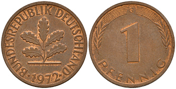 ФРГ 1 пфенниг 1972 G KM 105, J. 380 сталь плакированная медью    4598-524