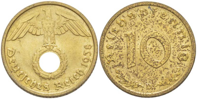 ГЕРМАНИЯ 10 РЕЙХСПФЕННИГОВ 1938 D KM 92, J. 364 алюминиевая бронза 261-1043