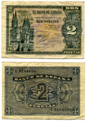 Испания 2 песеты 1938 30 апреля 1938 Pick 105а бумага 8613-62-2-2