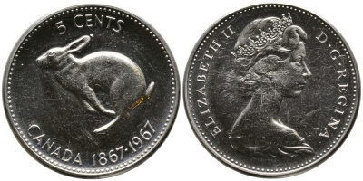 КАНАДА 5 ЦЕНТОВ 1967 100 ЛЕТ КОНФЕДЕРАЦИИ, ЕЛИЗАВЕТА II (1952-), ЗАЯЦ, ВТОРОЙ ПОРТРЕТ В КОРОНЕ KM 66 никель UNC 4543-625
