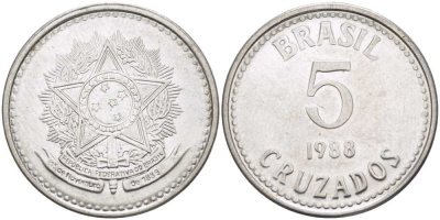 Бразилия 5 крузадо 1988 реформа 1986-1989 KM 606 нержавеющая сталь 67-655