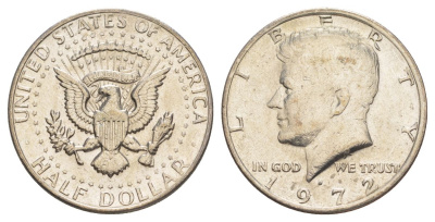 США 1/2 доллара (50 центов) 1972 D, Джон Кеннеди KM 202b медь плакированная медно-никелем aUNC 189-1244