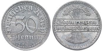 Германия 50 пфеннигов 1920 G KM 27, J. 301 алюминий 4163-842