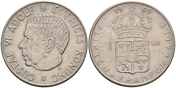 Швеция 1 крона 1969 U, Густав VI Адольф (1950-1973) KM 826а медь плакированная медно-никелем 4557-232