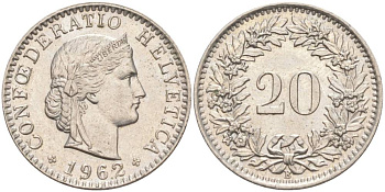 Швейцария 20 раппенов 1962 В KM 29a медно-никель 55-817