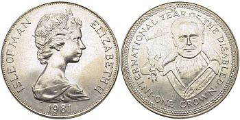 Остров Мэн 1 крона 1981 Международный год инвалидов, Сэр Дуглас Бейдер, самолеты KM 79 медно-никель UNC 107-614