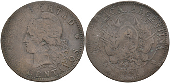 Аргентина 2 сентаво 1891 голова свободы влево KM 8 бронза 63-515