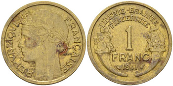 ФРАНЦИЯ 1 ФРАНК 1941 ТИП MORLON KM 885, LE FRANC 219.12 алюминиевая бронза 175-436