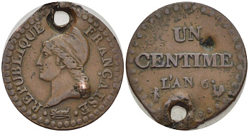 Франция 1 сантим L AN 6 А, Исполнительная директория (1795-1799), с отверстием KM 646 (C 134) бронза 100-355