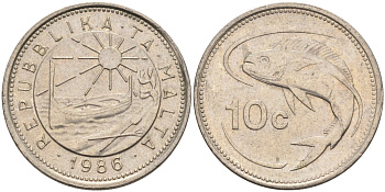 Мальта 10 центов 1986 золотая макрель KM 76 медно-никель 4588-145