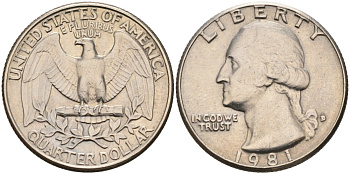 США 25 центов = квотер 1981 D, Вашингтон KM A164a медь плакированная медно-никелем 92-1225