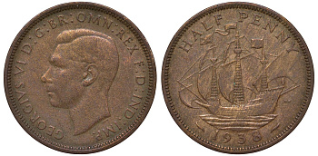 Великобритания 1/2 пенни 1938 Георг VI (1936-1952) KM 844, Spink 4115 бронза 4122-747