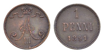 Россия для Финляндии 1 пенни 1891 Александр III (1881-1894) Биткин 254 медь 4658-856