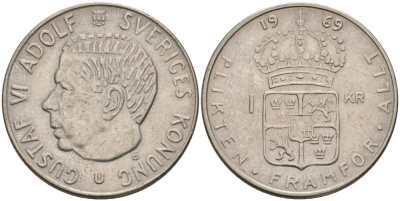 Швеция 1 крона 1969 U, Густав VI Адольф (1950-1973) KM 826а медь плакированная медно-никелем 4557-232