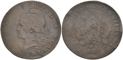 Аргентина 2 сентаво 1891 голова свободы влево KM 8 бронза 63-515