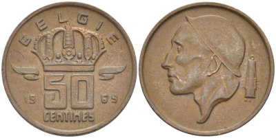Бельгия 50 сантимов 1969 Belgie, Бодуэн I (1951-1993) KM 149.1 бронза 3458-116