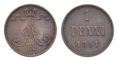 Россия для Финляндии 1 пенни 1891 Александр III (1881-1894) Биткин 254 медь 4658-856