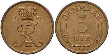 Дания 5 эре 1971 C; S, Фредерик IX (1947-1972) KM 848 бронза 4187-1147