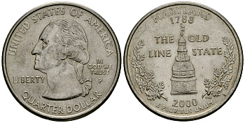 США 25 центов = квотер 2000 Р, серия штаты США, Мэриленд KM 306 медь плакированная медно-никелем 4135-456