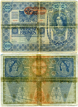 АВСТРИЯ 1000 КРОН 1919 ГОРИЗОНТАЛЬНАЯ НАДПЕЧАТКА НА 1902 Pick 57а бумага 7146-4-2-2