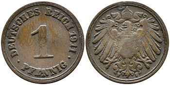 ГЕРМАНИЯ 1 ПФЕННИГ 1911 F KM 10, J. 10 медь 4387-316