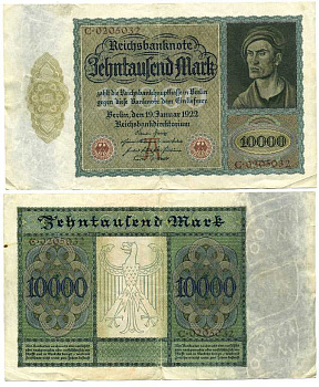 ГЕРМАНИЯ 10000 МАРОК 1922 19 ЯНВАРЯ 1922, БУКВА А, АЛЬБРЕХТ ДЮРЕР Pick 70 бумага 7375-33-1-2