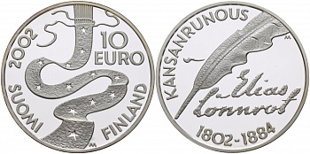 Финляндия 10 евро 2002 Элиас Леннрот, лингвист, сертификат KM 108 серебро PROOF 11-148-43