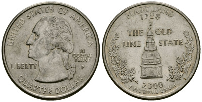 США 25 центов = квотер 2000 Р, серия штаты США, Мэриленд KM 306 медь плакированная медно-никелем 4135-456