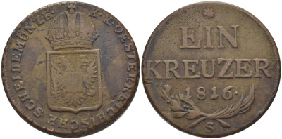 АВСТРИЯ 1 КРЕЙЦЕР 1816 S, ФРАНЦ II (1792-1835) KM 2113 медь 80-136